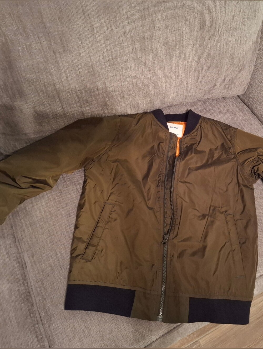 Kids-Boys. Old Navy Olive Green Bomber Jacket with Orange Lining